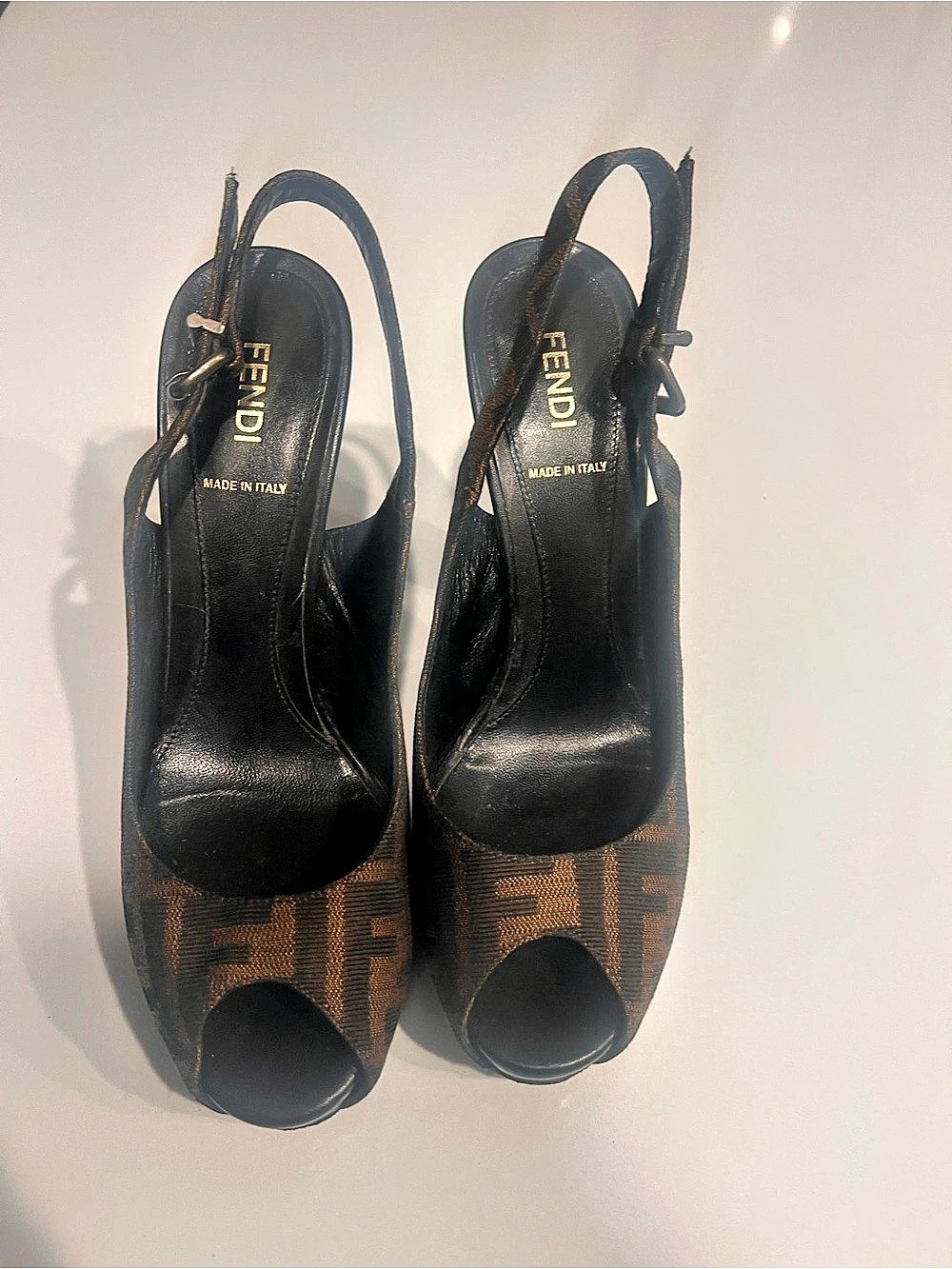 Fendi Zucca Print Canvas Slingback Wedge Peep-Toe Pumps Brown & Black